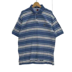 90's vintage 90年代 ヴィンテージ TOMMY HILFIGER トミーヒルフィガー フラッグタグ ボーダー柄 半袖 ポロシャツ ワンポイント刺繡 インド製 Mサイズ ブルー ライトブルー ホワイト