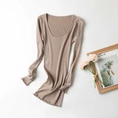 シルク カットソー 長袖 Uネック　Tシャツ レディース リブ編み　シルク インナー リブニット トップス 絹 保湿 保温 温活 肌着 下着 袖フリル 敏感肌 乾燥肌 潤い インナーシャツ xzjhbdg#