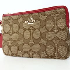 【COACH】コーチ シグネチャー ポーチ F54627 ブラウン レッド レザー キャンバス レディース【中古】7-3 41029