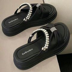 【新品未使用品】23.5㎝　厚底　リボン　パール　サンダル　フラット　ブラック①