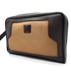 ?美品? dunhill ダンヒル クラッチバッグ セカンドバッグ ハンドバッグ 小物入れ バイカラー ロゴ型押し シルバー金具 キャンバス レザー レディース メンズ ベージュ 肌色 ブラウン 茶色