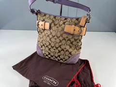 ★美品 COACH コーチ シグネチャー ショルダーバッグ 斜め掛け キャンバス レザー ブラウン × パープル 保存袋付き 1487 中古品