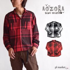 AOZORA【20％OFF】 チェックラグランワークシャツ Ｗ 2way プルオーバー シャツ ブラウス T-shirt チェック コットン マルチカラー カラフル シンプル ベージック カジュアル 724001