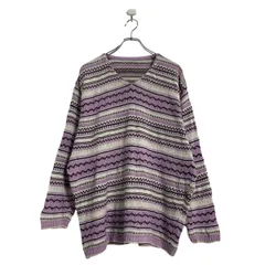 ニット セーター L～ ボーダー パープル ブラウン ベージュ ホワイト Vネック 古着卸 アメリカ仕入 a602-5976