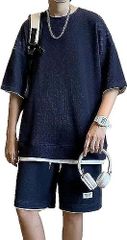 ネイビー_? セットアップ メンズ ワッフル 素材 上下セット Tシャツ ハーフパンツ レイヤード風 部屋着 スポーツ ルームウェア ゆったり 無地 シンプル 半袖 5カラー 大きい 大きめ ユッタリ ビッグ オーバー サイズ シルエット 丸首 クルーネック