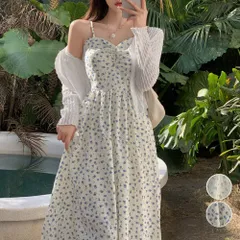 フロントギャザー 花柄 キャミワンピセット カーデキャミワンピセット レディース 2点セット 韓国風 オルチャン Aライン ハイウエスト きれいめ 春 ショートカーデ フレアワンピース 夏 ニットカーデ 着やせ 薄手 カーディガン 21TZ-004