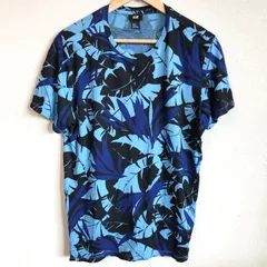 (^w^)b H&M エイチアンドエム Tシャツ ティー シャツ ブルー メンズ クルーネック 丸襟 紺 綿100% コットン アウトドア タウンユース 春 夏 秋 柄物 植物柄 ボタニカル 総柄 カジュアル サイズ M