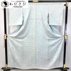 小紋 型染 扇子に花模様 鳥 青色 縮緬 しつけ糸 K-5000 小紋 型染 扇子に花模様 鳥 青色 縮緬 しつけ糸 K-5000 - メルカリ