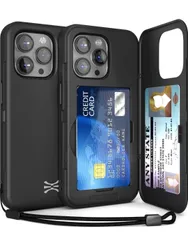 ★TORU CX SLIM の iPhone 15 Pro Max 用 ケース、二層保護カードホルダースロットウォレットバックカバー、ストラップとミラー付き - ブラック