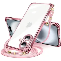 iPhone 16 用 ケース クリア ショルダー iPhone16 用 スマホケース アイフォン16 カバー 肩掛け 斜めかけ 縄掛けケース 透明 TPU 薄型 軽量 耐衝撃 携帯ケース 紐付き 斜めがけ 織りストラップ付き ネックストラップ ショルダー 0