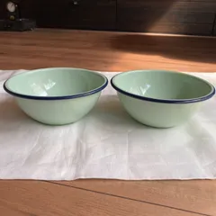 未使用 大正時代◇日本製 輸出用 ホーロー 水色 縁が紺 内側白 ボウル 2個