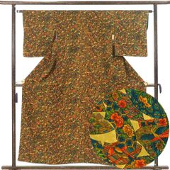 小紋 身丈157cm 裄62.5cm 前幅22.5cm 後幅28cm 袖丈48cm 袖幅32cm レディース 袷 扇面 裄Sサイズ 秋冬春用 正絹（シルク）グリーン 未使用品 リメイク リユース リサイクル【呉服のきくや】