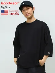 グッドウェア Tシャツ Goodwear USAコットン フットボールT 7分袖 クルーネック 切替 BIG TEE シンプル ベーシック 2W70505 P10 ブラック