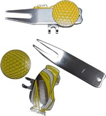 GRJ (Green Repair Practice Association) Golf Ball Marker and Green Fork Set with Clip, Divot Tool, Golf Fork, and Ball Line Marker (Yellow)