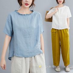 ブラウス レディース 半袖 不規則 リネンチュニック 花柄 刺繍 クルーネック Tシャツ tシャツ プルオーバー 綿麻風 大人 可愛い 薄手 ゆったり おしゃれ エレガント ファッション  森ガール 春 夏 送料無料 