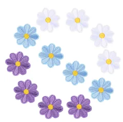 WATASHINO ワッペン アイロン アップリケ 花 4cm 12枚セット 女の子 子供 刺繍 かわいい (MIX? 紫･水色･白) [MIX? 紫･水色･白]