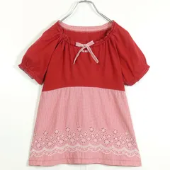 ピンクハウス★ふんわりドッキングカットソー サイズM 赤系 リボン付き♪カットワーク刺繍&ギンガムチェック♪z13074