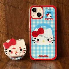 スマホケース　キティーちゃん　ブルー×レッド　チェック　スマホスタンド付き　iPhone対応　アイフォンケース　iPhone16pro/16promax/15/14/13/12/11　可愛いケース　海外限定　新品未使用