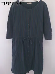 ◇ Samansa Mos2 ストライプ 七分袖 膝丈 ノーカラー シャツ ワンピース サイズ M ネイビー ダークブラウン レディース  【中古】 【1202150001466】