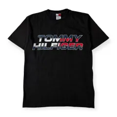 90s USA製 TOMMY HILFIGER トミーヒルフィガー ロゴデザイン 半袖 Tシャツ M/ブラック メンズ ビンテージ