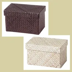 『パンダン』蓋付き四角タイプ小物入れ「17.5×10.5×10cm」（ＭＤボックスサイズ）／（１種選択／２種類）　※MD,かご,アジアン雑貨,バスケット,収納,ケース,ボックス,箱,カラー,入れ物,高級感,シンプル,天然素材,フタ,個性的,ハード,白系,茶色