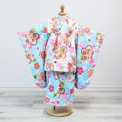 女の子 七五三 3歳 被布 着物 フルセット 梅 青 水色 D10