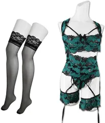 ガーターベルト付き 下着 ストッキング 4点セット レース仕立て 女性用