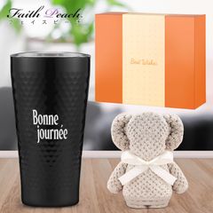 タンブラー タオルベア  Bonne journee(ボン・ジュルネ:よい一日を) 彼氏 友達 誕生日プレゼント 同僚 上司 退職祝い 就職祝い 送別品 記念日プレゼント 新居祝い 保温保冷 密閉蓋付き 化粧箱入り 350ml (ジェットブラック)