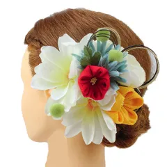 髪飾り 成人式 振袖 浴衣 卒業式 袴 結婚式 2点セット 白 黄 赤 花 和 洋 かんざし 手作り 簪 つまみ細工 ちりめんフォーマル 花飾り 玉飾り ブライダル W68 304-201 白 黄 赤 r720　Si