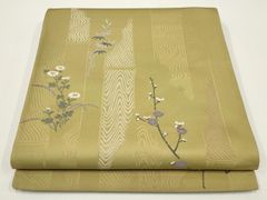 A 夏物 リーフ模様 薄緑 絽 紗 薄物 正絹 六通 名古屋帯 松葉仕立て O3