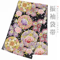 袋帯 振袖用 正絹 黒地 唐織 花 薔薇 桜 菊 ハート 西陣織 田中義織物 六通 着物 仕立て上がり 礼裁用 フォーマル 成人式 No.i6-2026