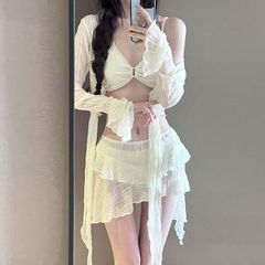 水着 体型カバー レディース フリル ビキニ フレア水着 セットアップ セパレート 長袖 カーディガン シースルー ママ水着 10代 20代 30代 40代 大人 女子 おしゃれ 無地 海 ビーチ yongy08