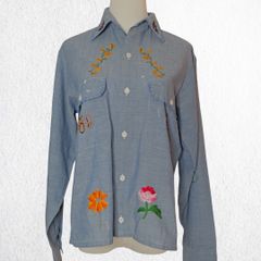 70s US vintage 昆虫 生き物柄 刺繍 シャンブレーシャツ Q344 70s US 