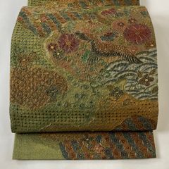 半幅帯 美品 秀品 証紙 本場筑前博多織 花唐草 灰色 正絹 【中古