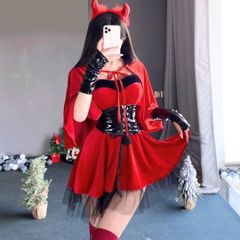 小悪魔 コスプレ レディース 衣装 ハロウィン 赤 吸血鬼 赤鬼 セクシー お得セット レディース ワンピース スカート デビル カチューシャ  仮装 ベルベット ベロア 可愛い 人気 L