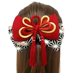 髪飾り リボン 卒業式 袴 成人式 赤 振袖 麻の葉 かんざし 和柄 ちりめん 古典 和装 着物 No.9-3362