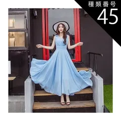 種類45：スカイブルー/2XL シフォンワンピース シフォンドレス ドレスワンピース ワンピース ドレス フレアワンピース シフォンワンピース ロング ロング丈 マキシ マキシ丈 9分丈 袖なし ノースリーブ Vネック カシュクール フレア セミフレア Aライ