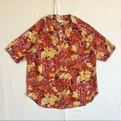 90s　vintage　ノーカラー　シアーポリシャツ　大判フラワーモチーフ柄　パピヨン　レトロ古着
