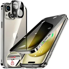 HGUTREY【覗き見防止・自動ポップアップボタン】 iPhone15 用 ケース 【ロック付き】【ストラップホール付き】一体型レンズ保護 両面9H強化ガラス あいふぉん15ケース 耐衝撃 アルミ バンパー メタルフレーム スマホケース 薄型 背面クリア  1