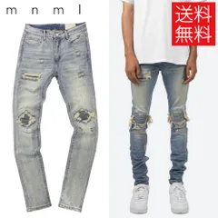 【送料無料】mnml X162 クラッシュ リペア スキニー デニム パンツ ダメージ ブルー 青 STRETCH DENIM Blue ミニマル