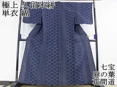 夏大島正絹紬単小紋裄67身丈163.5㎝ 新品同様藍紺に5弁の花長身
