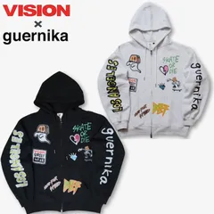 新品 メンズ vision street wear ヴィジョンストリートウェア guernika ゲルニカ コラボ パーカー フーディー スウェット ジップアップ アノニマウス キャラクター イラスト プリント 裏起毛 レディース ライトグレー 黒 ブラック