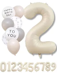 【在庫セール】数字 バルーン ベージュ 大きい 誕生日 風船セット くすみ ナンバーバルーン アイボリー バースデー デコレーション (2 くすみホワイト)