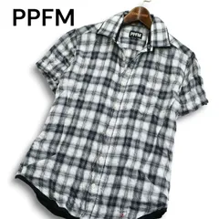PPFM ペイトンプレイス 春夏 スカル刺繍★ シワ加工 二重襟 半袖 チェック スリム シャツ Sz.S メンズ 灰 グレーのサムネイル