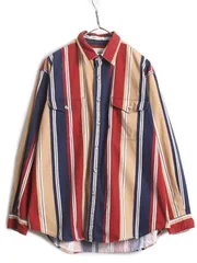 【お得なクーポン配布中!】 90s エディーバウアー ストライプ 長袖 シャツ メンズ L / 90年代 オールド Eddie Bauer ヘビーウェイト コットン キャンバス ポケット付き