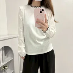 新品 アクセいらず 華やか 襟もと ロングスリーブ リブ カットソー クルーネック ホワイト Lサイズ 薄手 長袖 トップス シンプル 重ね着 波打つデザイン 春秋冬 インナー レディース 韓国風 大人可愛い カットソー サロペット M Lサイズ プレゼント