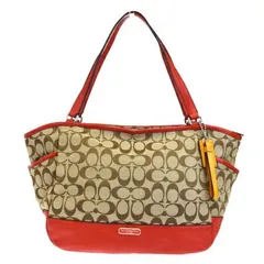 【中古】 美品 コーチ COACH シグネチャー トートバッグ ショルダー ブラウン レッド キャンバス レザー F23297 05HC809