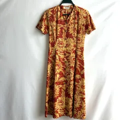 ロング　ワンピース　半袖　花柄　総柄　オレンジ　上品　高級感　レトロヴィンテージ
