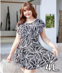 大きいサイズ ワンピース水着 体型カバー フレアスカート ショートパンツ 黒 4L レディース ボタニカル