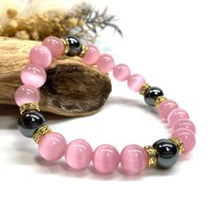 キャッツアイ(ピンク)×ヘマタイト パワーストーン ブレスレット  (ゴールド) メンズ・レディース　男性・女性　数珠ブレス 開運 [23]